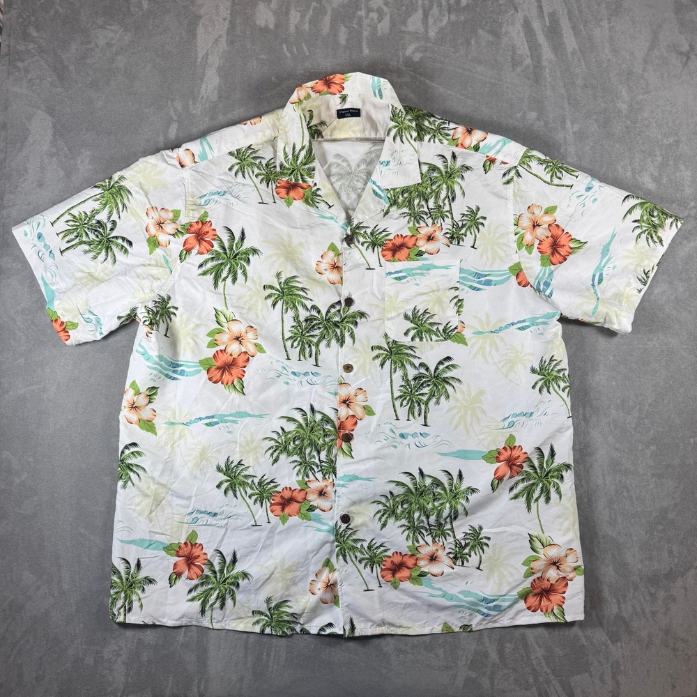 Tropical Storm Mens 3XL Hawaiian Shirt White Floral Palm Tree Short Sleeve